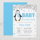 Penguin Winter Blue Boy Baby shower Snowflake Kaart (Voorkant / Achterkant)