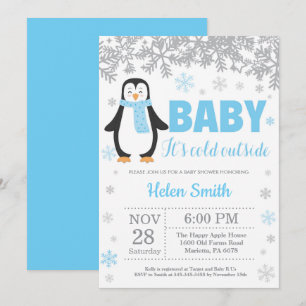 Penguin Winter Blue Boy Baby shower Snowflake Kaart