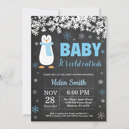 Penguin Winter Boy Baby shower Chalkboard Kaart (Voorkant)