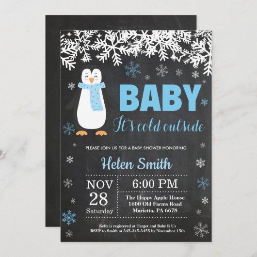 Penguin Winter Boy Baby shower Chalkboard Kaart (Voorkant / Achterkant)