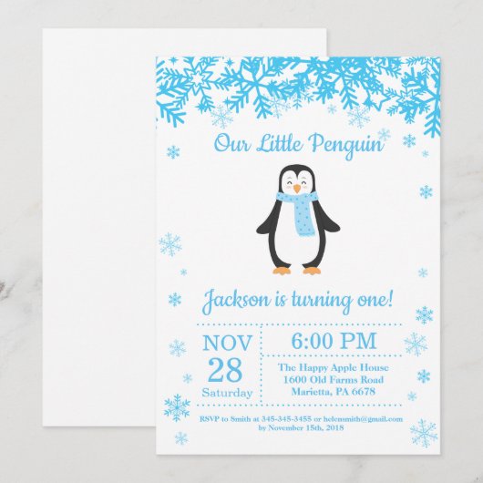 Penguin Winter Boy Verjaardag Uitnodiging (Voorkant / Achterkant)