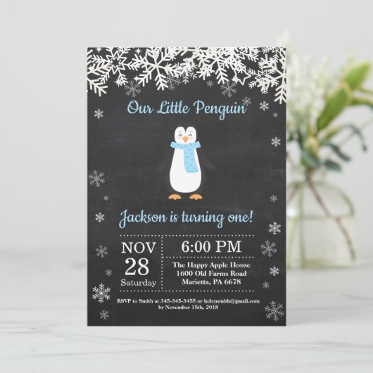 Penguin Winter Boy Verjaardag Uitnodiging (Staand voorkant)