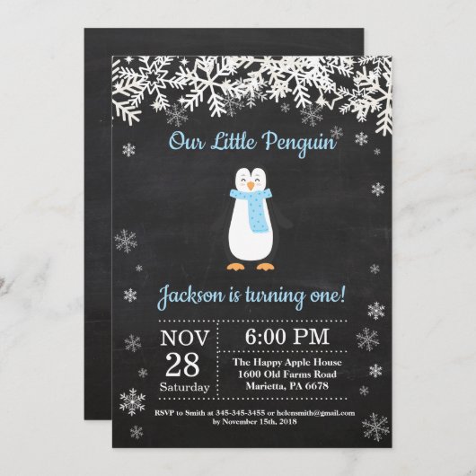 Penguin Winter Boy Verjaardag Uitnodiging (Voorkant / Achterkant)