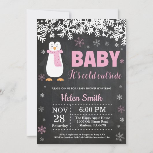 Penguin Winter Girl Baby shower Chalkboard Kaart (Voorkant)