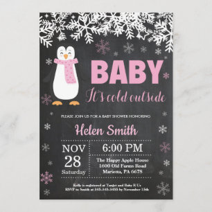 Penguin Winter Girl Baby shower Chalkboard Kaart