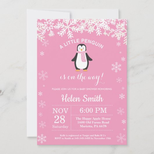 Penguin Winter Girl Baby shower Snowflake Kaart (Voorkant)