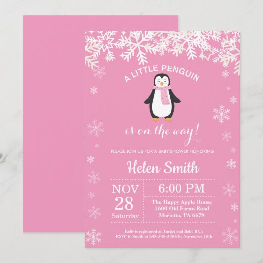Penguin Winter Girl Baby shower Snowflake Kaart (Voorkant / Achterkant)