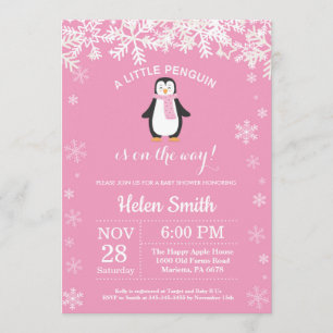 Penguin Winter Girl Baby shower Snowflake Kaart
