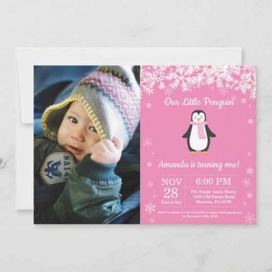 Penguin Winter Girl Birthday Foto Kaart (Voorkant)