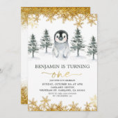 Penguin Winter Gold Snowflake Birthday Uitnodiging (Voorkant / Achterkant)