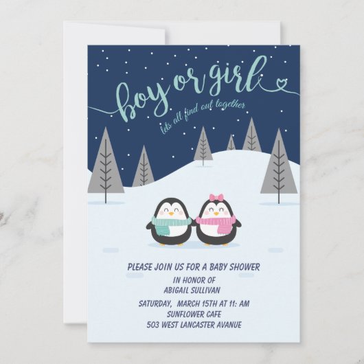 Penguin Winter Night Geslacht onthullen Uitnodigin Kaart (Voorkant)
