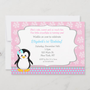 Penguin Winter ONEderland Birthday Invitations Kaart