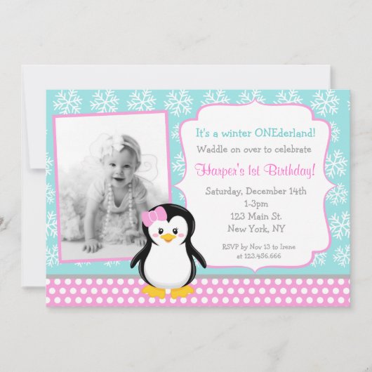 Penguin Winter ONEderland Birthday Invitations Kaart (Voorkant)