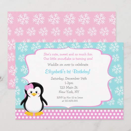 Penguin Winter ONEderland Birthday Invitations Kaart (Voorkant / Achterkant)