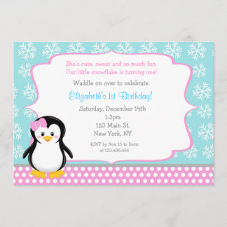 Penguin Winter ONEderland Birthday Invitations Kaart