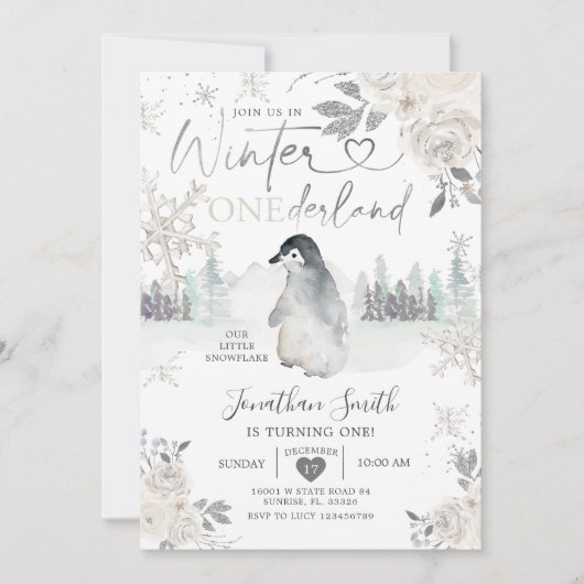 Penguin Winter Onederland Snowflake 1e verjaardag Kaart (Voorkant)