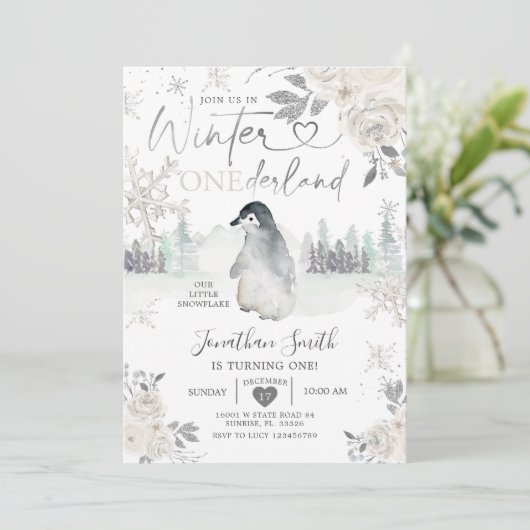 Penguin Winter Onederland Snowflake 1e verjaardag Kaart (Staand voorkant)