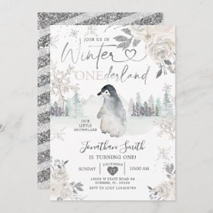 Penguin Winter Onederland Snowflake 1e verjaardag Kaart