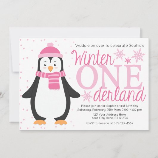 Penguin Winter ONEderland verjaardagsuitnodiging Kaart (Voorkant)