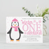 Penguin Winter ONEderland verjaardagsuitnodiging Kaart (Staand voorkant)
