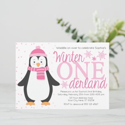 Penguin Winter ONEderland verjaardagsuitnodiging Kaart (Staand voorkant)