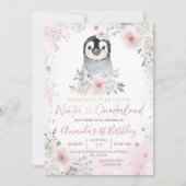 Penguin Winter Pastel Pink Flowers Birthday Kaart (Voorkant)