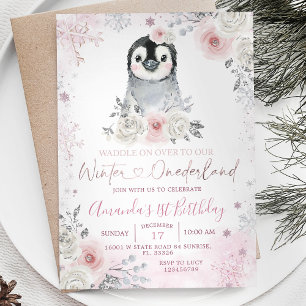 Penguin Winter Pastel Pink Flowers Birthday Kaart