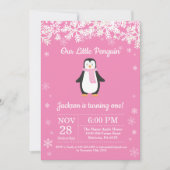 Penguin Winter Pink Birthday Uitnodiging (Voorkant)