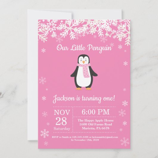 Penguin Winter Pink Birthday Uitnodiging (Voorkant)