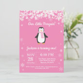 Penguin Winter Pink Birthday Uitnodiging (Staand voorkant)