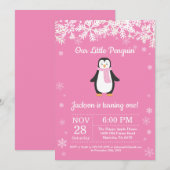 Penguin Winter Pink Birthday Uitnodiging (Voorkant / Achterkant)