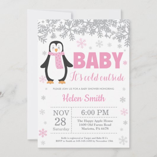 Penguin Winter Pink Girl Baby shower Snowflake Kaart (Voorkant)