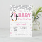 Penguin Winter Pink Girl Baby shower Snowflake Kaart (Staand voorkant)