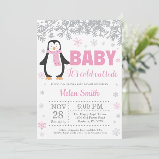 Penguin Winter Pink Girl Baby shower Snowflake Kaart (Staand voorkant)