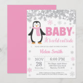 Penguin Winter Pink Girl Baby shower Snowflake Kaart (Voorkant / Achterkant)