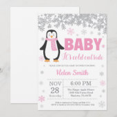 Penguin Winter Pink Girl Baby shower Snowflake Kaart (Voorkant / Achterkant)