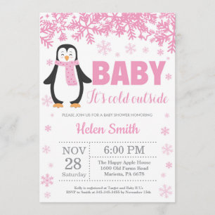 Penguin Winter Pink Girl Baby shower Snowflake Kaart