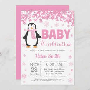 Penguin Winter Pink Girl Baby shower Snowflake Kaart
