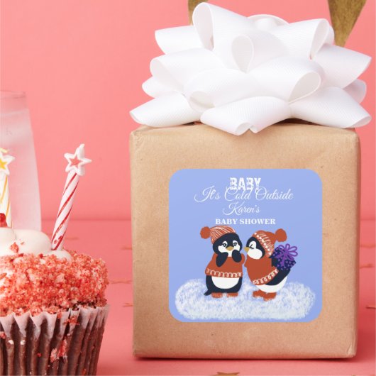 Penguin Winter Snow Birthday Baby shower Gift Vierkante Sticker (Feest)