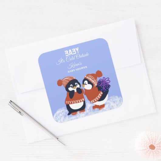 Penguin Winter Snow Birthday Baby shower Koud Vierkante Sticker (Envelop)