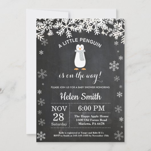 Penguin Winter Snowflake Baby shower Uitnodiging (Voorkant)