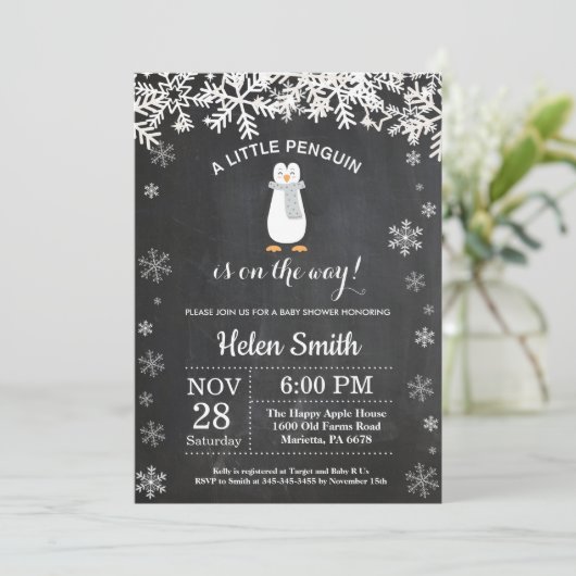 Penguin Winter Snowflake Baby shower Uitnodiging (Staand voorkant)