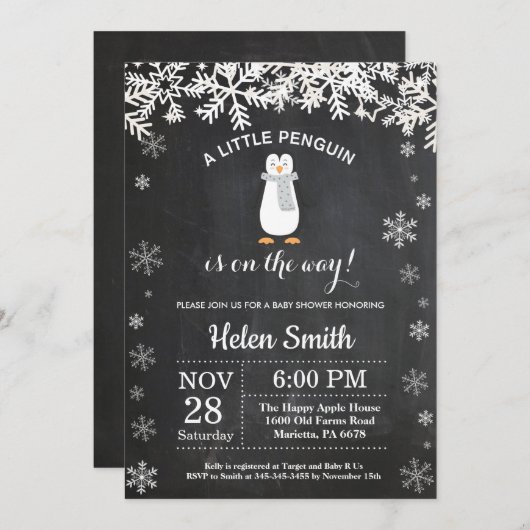 Penguin Winter Snowflake Baby shower Uitnodiging (Voorkant / Achterkant)