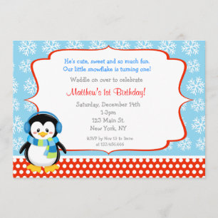 Penguin Winter Snowflake Birthday Invitations Kaart