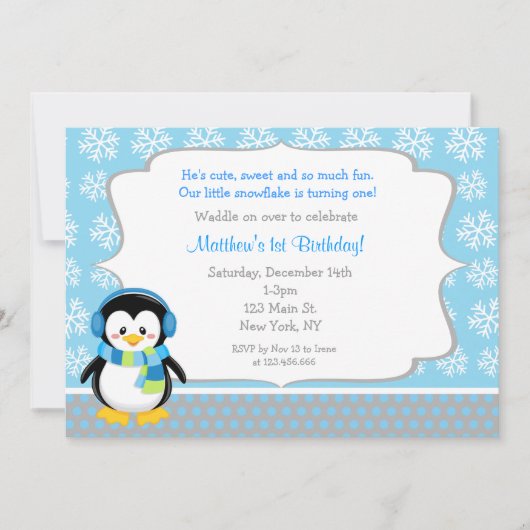 Penguin Winter Snowflake Birthday Invitations Kaart (Voorkant)