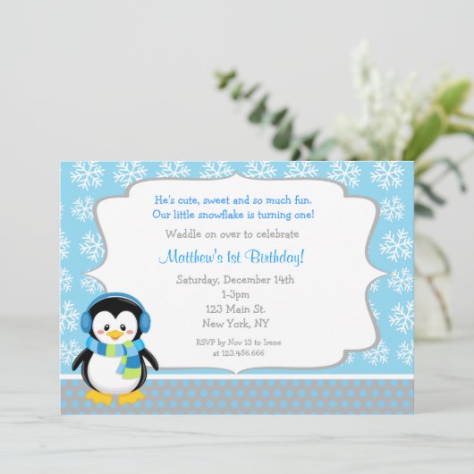 Penguin Winter Snowflake Birthday Invitations Kaart (Staand voorkant)