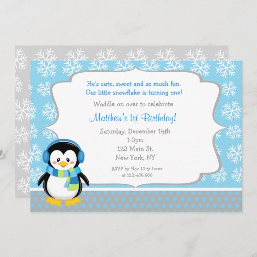 Penguin Winter Snowflake Birthday Invitations Kaart (Voorkant / Achterkant)
