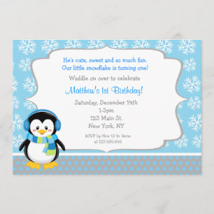 Penguin Winter Snowflake Birthday Invitations Kaart