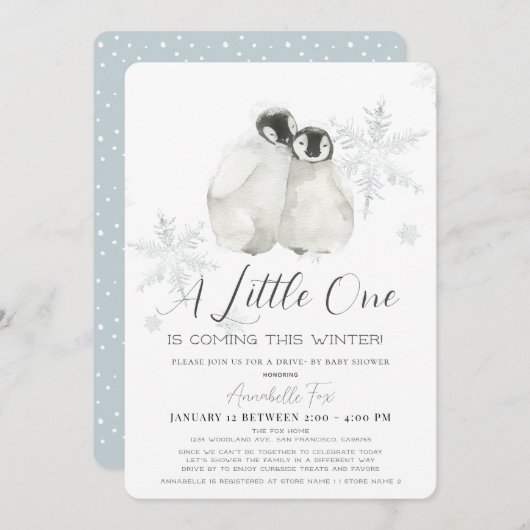 Penguin Winter Snowflake Blue drive-by Baby shower Kaart (Voorkant / Achterkant)