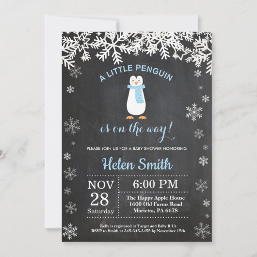 Penguin Winter Snowflake Boy Baby shower Kaart (Voorkant)